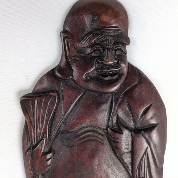 Vintage 1960s-70s 14" Happy Buddha Wall Plaque Carved Rosewood Hotei Laughing - Picture 5 of 7
